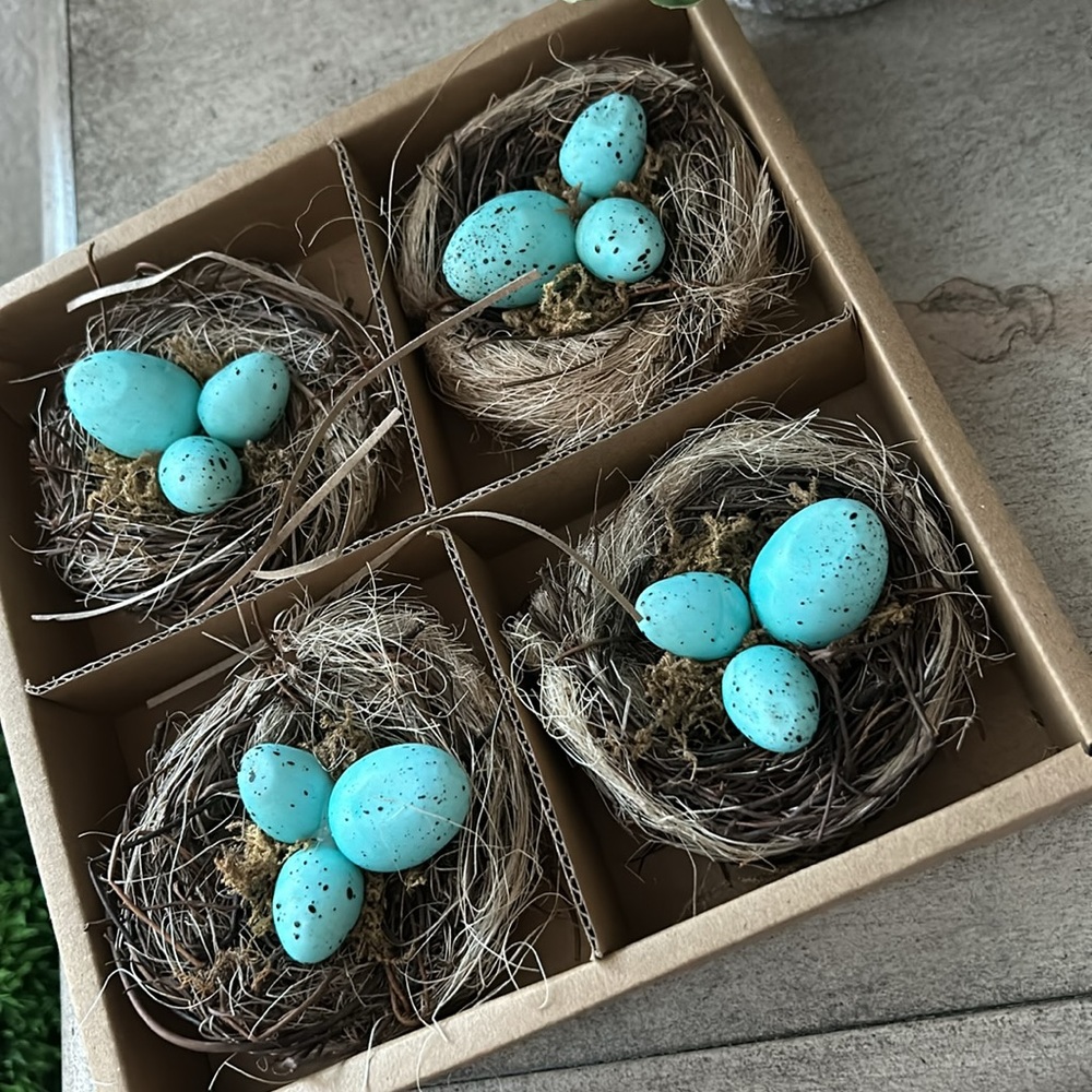 Farmhouse Cottage Shabby Chic Easter Spring nests with aqua speckled eggs